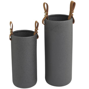 Black Ceramic Vase with Leather Handles (Multiple Sizes)