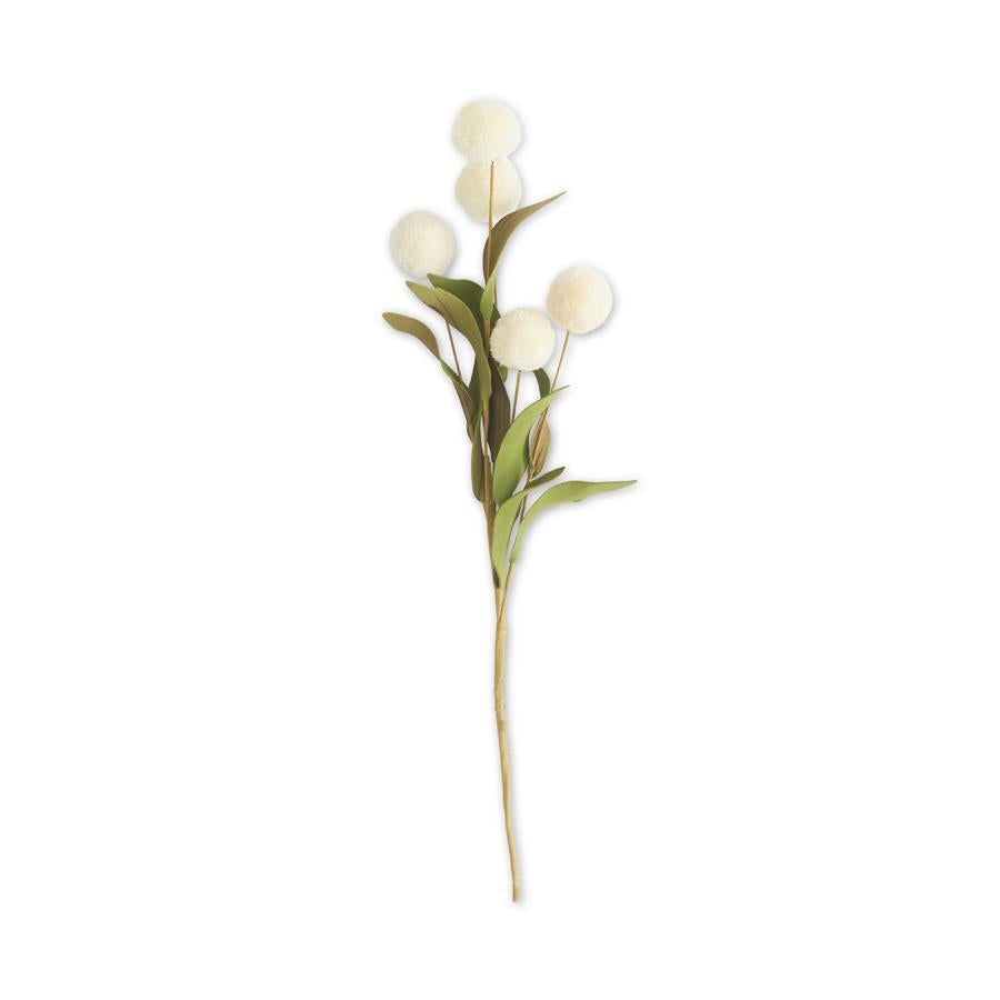 13" White 5 Ball Pompom Pick w/Green Eva Leaves - Florals and Foliage