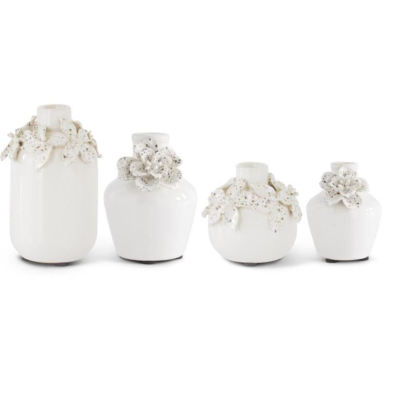 White  Ceramic Vases w/Raised Flowers Multiple Sizes
