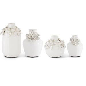 White  Ceramic Vases w/Raised Flowers Multiple Sizes