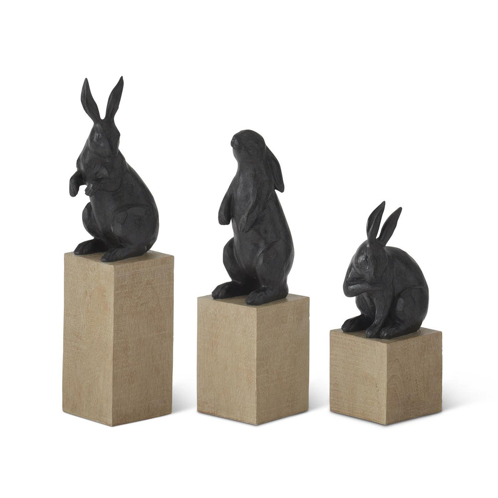 Black Resin Faux Cast Iron Rabbits on Wood Blocks ( Multiple Sizes )