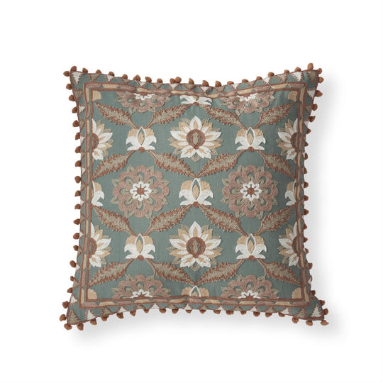 20" Pom Pom Trim Teal & Pink Floral Pillow