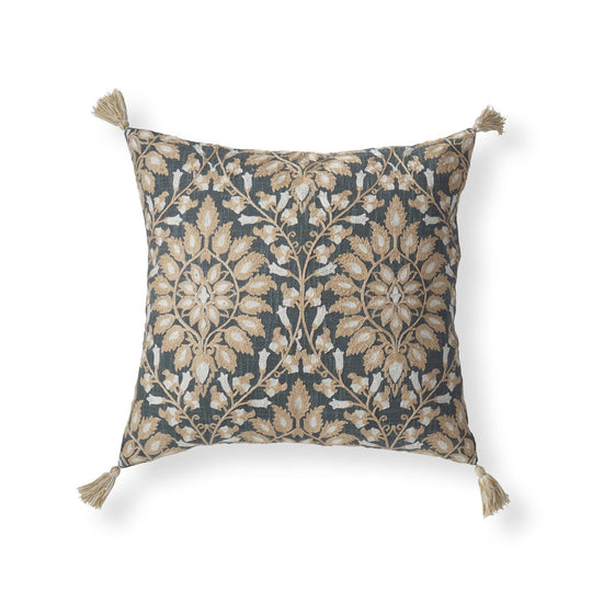20"  Blue & Taupe Embroidered Floral Square Pillow w/Tassels