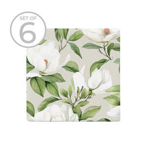 White Blossom Textured Printed Ceramic Coasters (Set of 6)