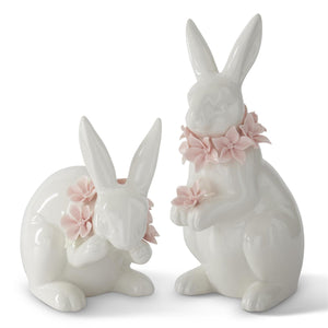 White Ceramic Easter Bunnies w/Pink Flowers ( Multiple Sizes )