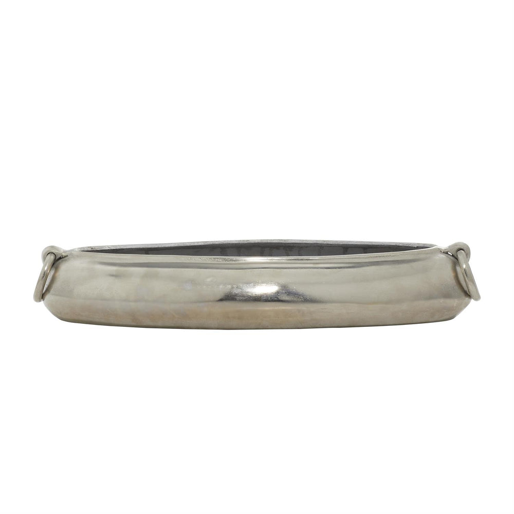 Silver Aluminum Metal Decorative Bowl with Ring Handles, 24" x 9" x 4"