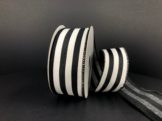 1.5" x 10Y  Black Linen/White Cabana Stripes Ribbon