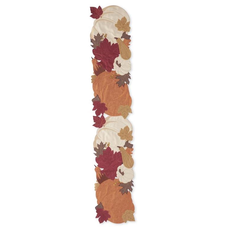 72 Inch Brown Pumpkin & Fall Leaves Embroidered Cutout Table Runner