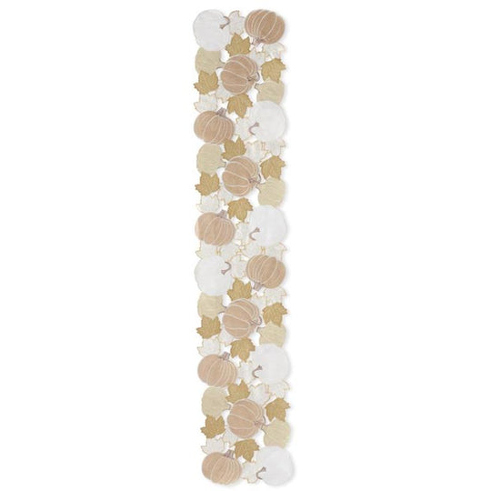 72 Inch Cream Pumpkin & Fall Leaves Embroidered Cutout Table Runner