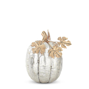 
            
                Load image into Gallery viewer, 7.25&amp;quot; Silver Resin Pumpkin w/Metal Leaves
            
        