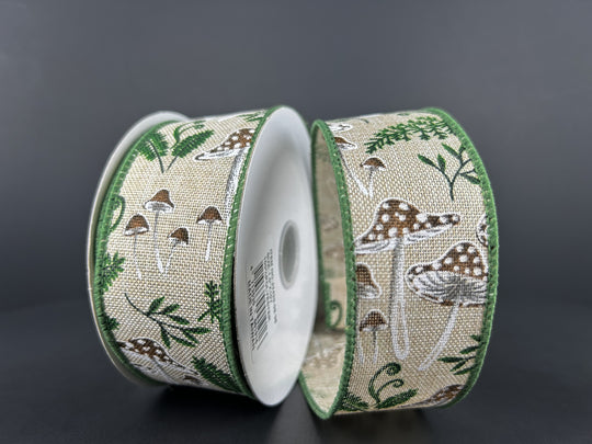 1.5" x 10Y Natural Linen/ Mushrooms & Ferns
