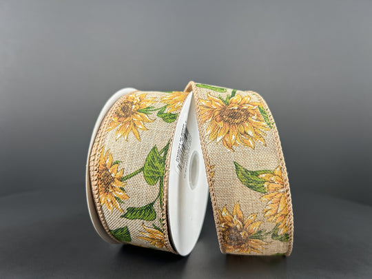 1.5" x 10yds Natural Linen/Wild Sunflowers