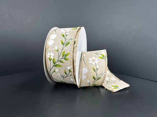 1.5" x 10Y Natural Linen/White Flaxseed Flower Ribbon