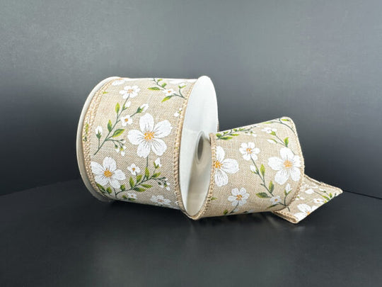2.5" x 10Y Natural Linen/White Flaxseed Flower Ribbon