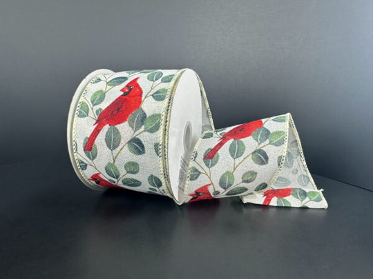 2.5" x 10Y Ivory Linen/Red Bird-Eucalyptus Ribbon