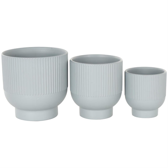 Light Blue Ceramic Indoor Outdoor Planter with Linear Grooves and Tapered Bases (Multiple Sizes)