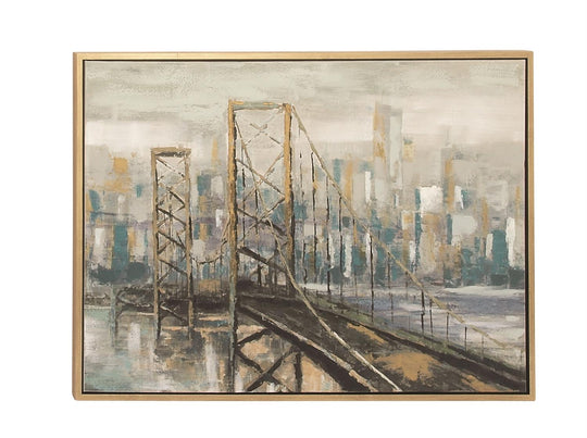 Light Brown Polystone City Bridge Framed Wall Art with Gold Frame, 47" x 1" x 36"
