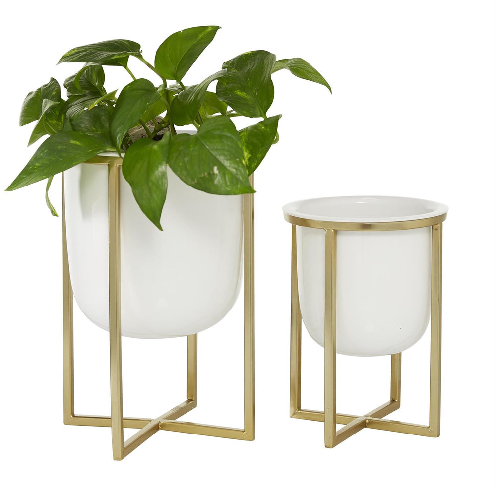 Cream/Gold Pot W Stand -  Large 12"H
