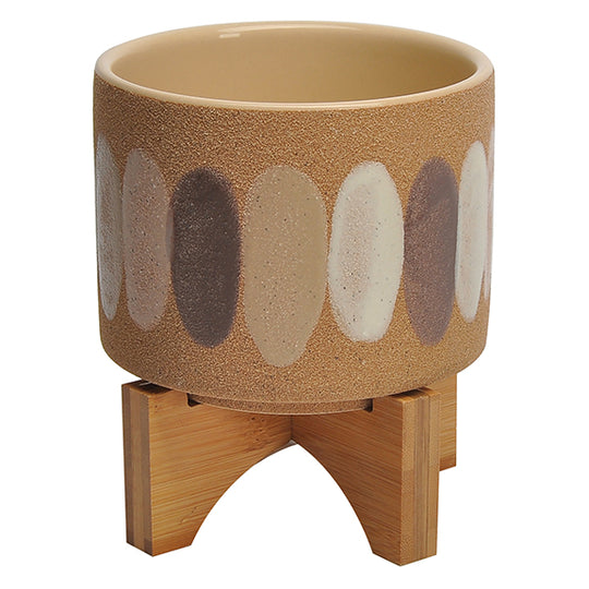 5" x 6" Painted Stripe Cache Pot & Attached Wooden Stand (Neutral)