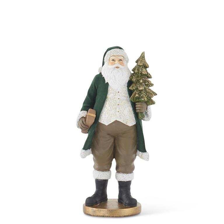 13" Dark Green Velvet Resin Santa w/Tree