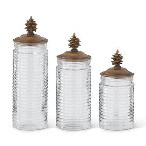 Ribbed Clear Glass Containers w/Brown Resin Pinecone Finial (Multiple Sizes)