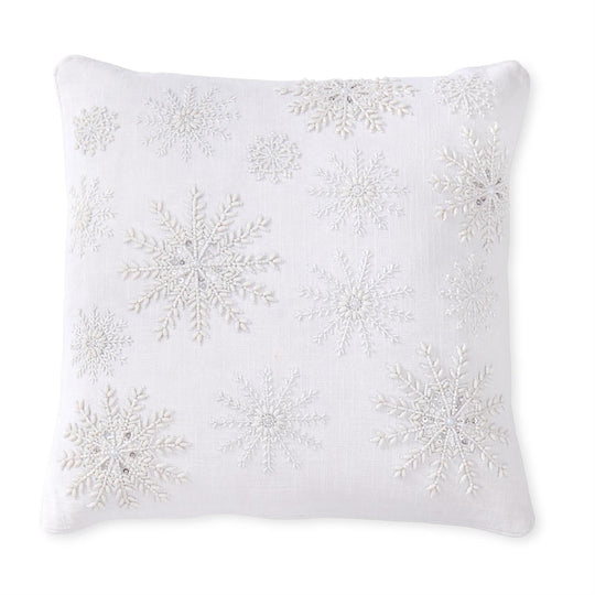 18" White Linen Beaded Snowflake Pillow
