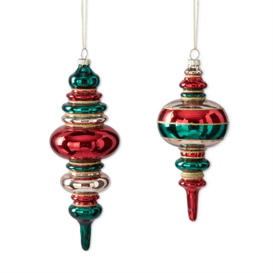 Assorted Red Gold & Green Glass Finial Ornaments (2 Styles)