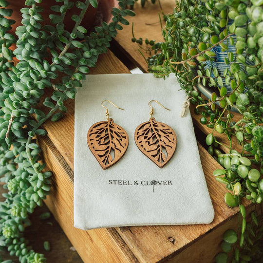 Aspen Wooden Leaf Earrings: Brown