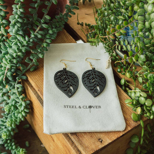 Aspen Wooden Leaf Earrings: Black