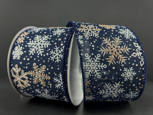 2.5" x 10yds Navy with White/Gold Snowflakes