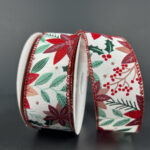 1.5" x 10Y White Satin Ribbon Cream/Burgundy/Red Poinsettia