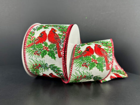 2.5"x 10Y Ivory Linen w/Cardinals in Wreath