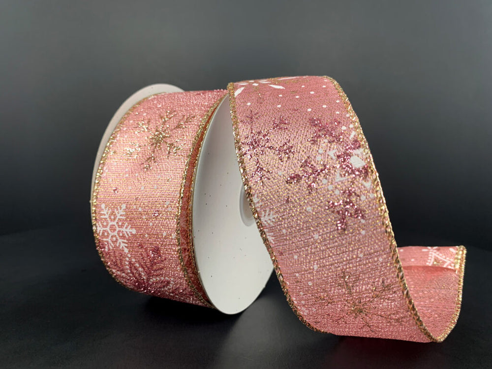 1.5" x 10yds Rose Gold Metallic w/ Glittered Snowflakes