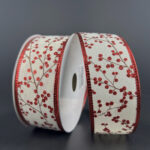 1.5' x 10Y Ivory Linen/Dark Red Berries Ribbon