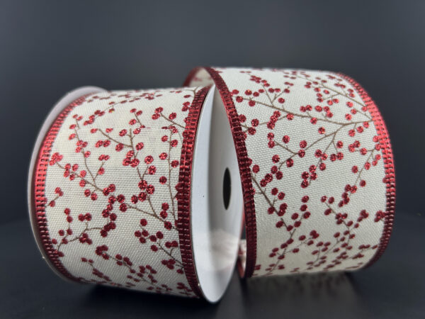 2.5" x 10yds Ivory Linen/Red Berries