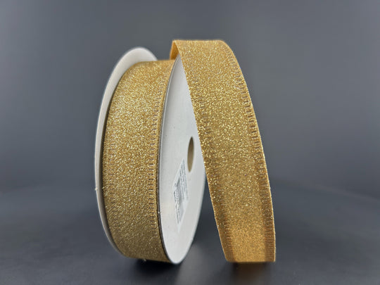 7/8" x 10Y Gold All Flat Glitter Wired Ribbon