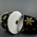 2.5"x10yds Black Velvet Gold Glitter Snowflakes Ribbon