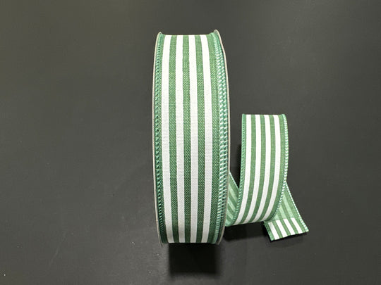 1.5" x 10Y  Sage Linen/White Cabana Stripes Ribbon