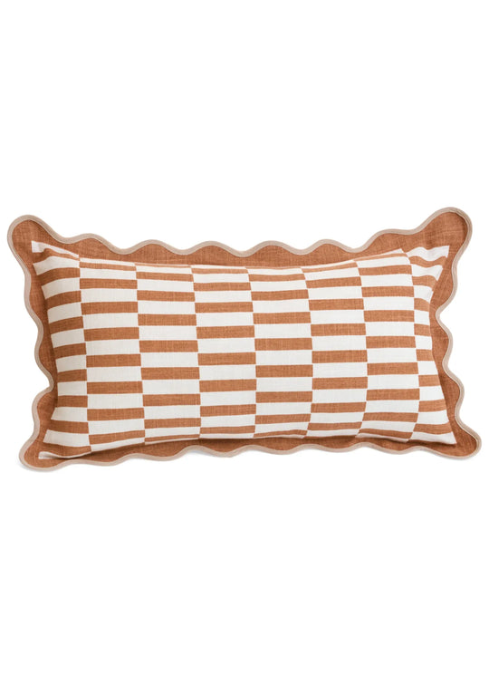 12X22 Cotton Cushion W Scallop Edge (Dark Pink/Orange/Beige) - Everyday Textiles