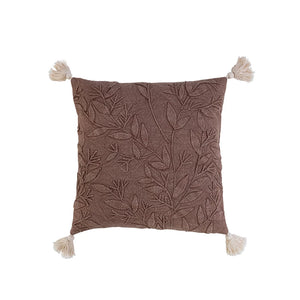 
            
                Load image into Gallery viewer, 18&amp;quot; Square Stonewashed Cotton Pillow w/ Embroidery &amp;amp; Tassels, Aubergine Color &amp;amp; Natural
            
        