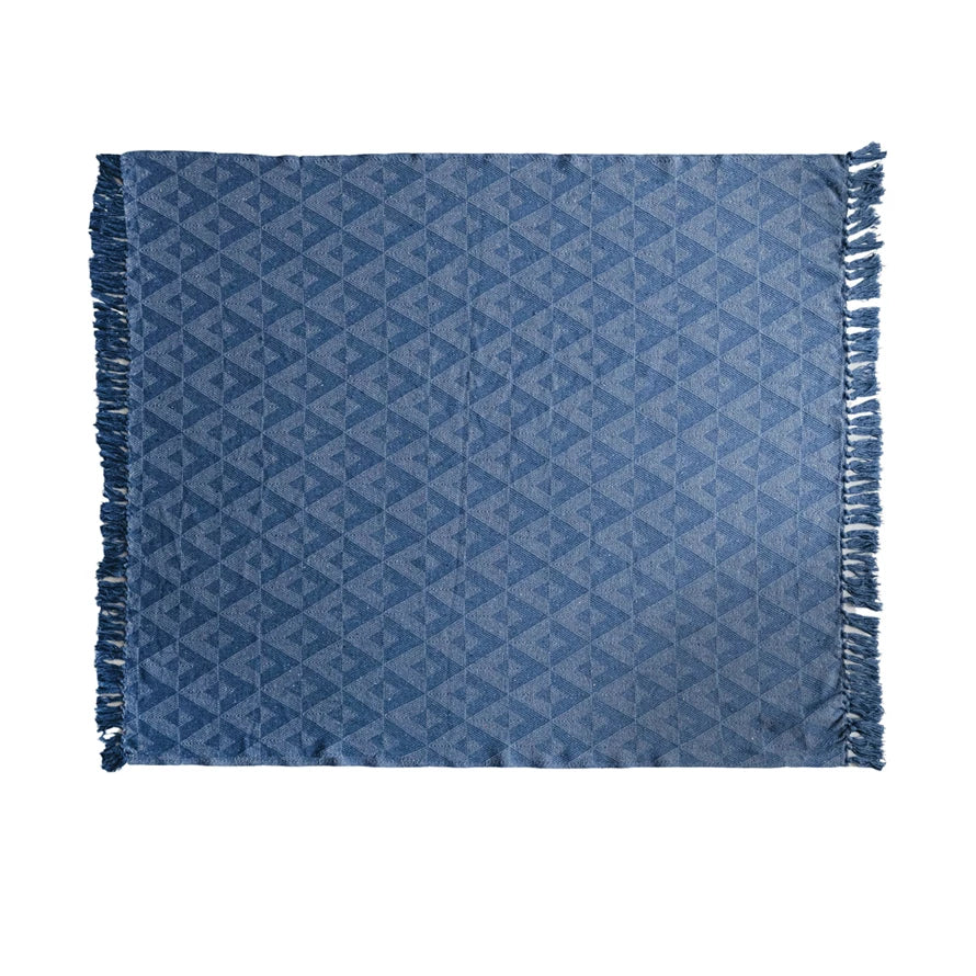 60"L x 50"W Woven Recycled Cotton Blend Throw w/ Triangle Pattern & Fringe, Blue - Everyday Textiles