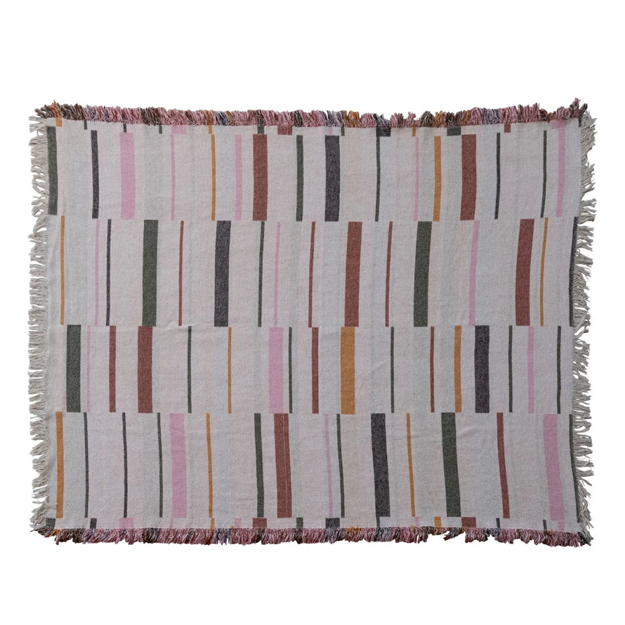 60"L x 50"W Woven Cotton Blend Jacquard Reversible Throw w/ Striped Pattern & Fringe - Everyday Textiles
