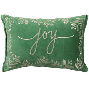 14"W x 20"L Joy Embroidery Velvet Pillow (Green/Gold)