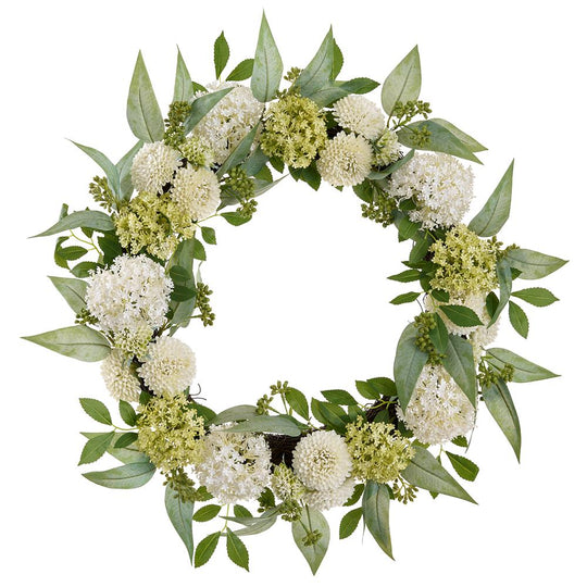 24" Snowball/Mum/Sedum Wreath  Cream Green