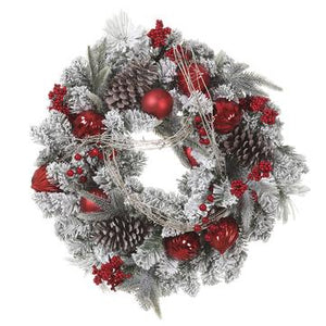 24" Snowed Ornament/Pine Cone/Pine Wreath ( Red / White )