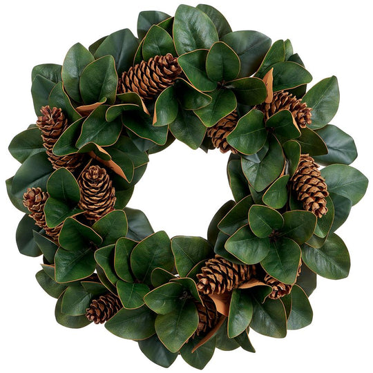 26" Magnolia Leaf/Pine Cone Wreath Green Brown - Florals and Foliage