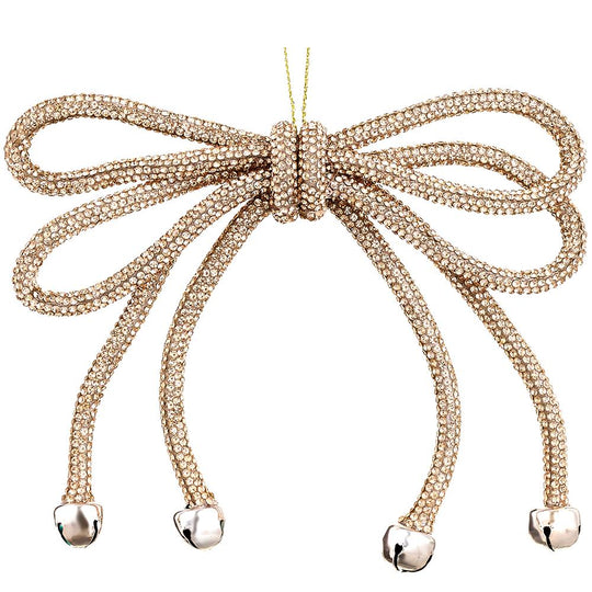 5.5" Sparkle Bow Ornament With Bells Rose Gold