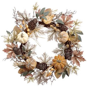 
            
                Load image into Gallery viewer, 24&amp;quot; Pumpkin/Pine Cone/Rosehip/Maple Wreath (Brown/Beige )
            
        