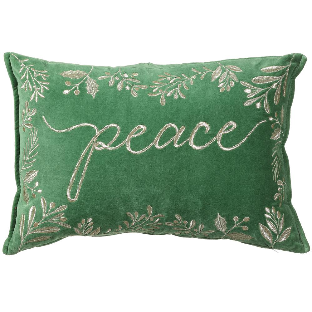 14"W x 20"L Peace Embroidery Velvet Pillow (Green/Gold)