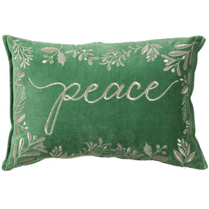 14"W x 20"L Peace Embroidery Velvet Pillow (Green/Gold)